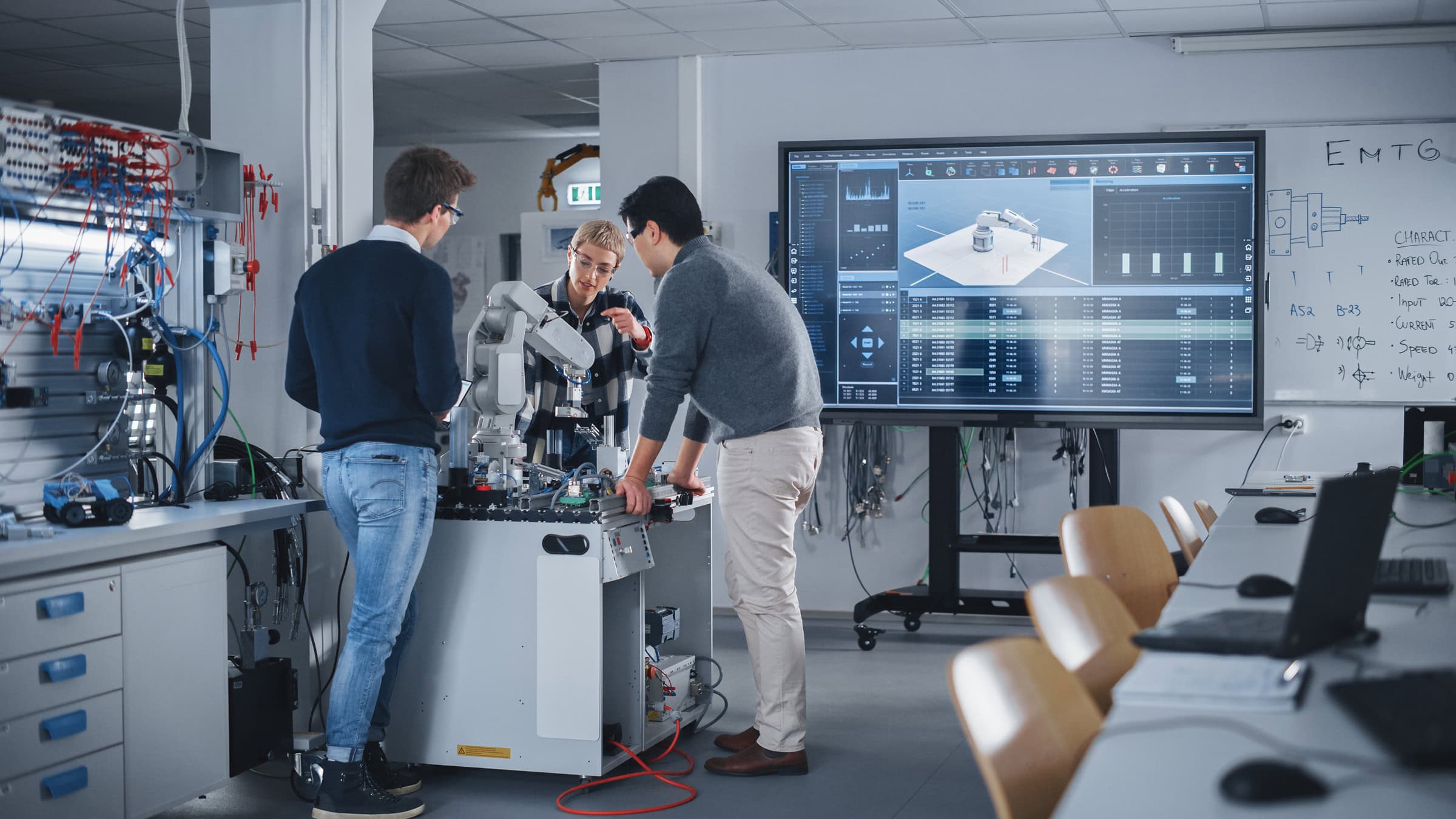 Three engineers gather at a robotic arm in a lab.